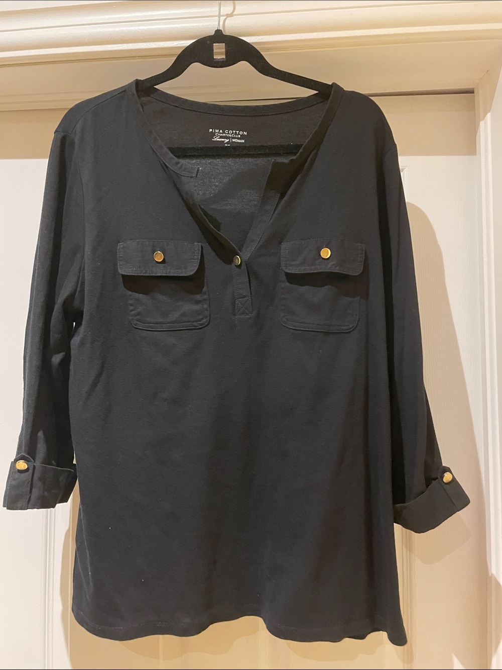 Charter Club Pima Cotton Split Neck Top 2X Quiet Luxury Minimalist